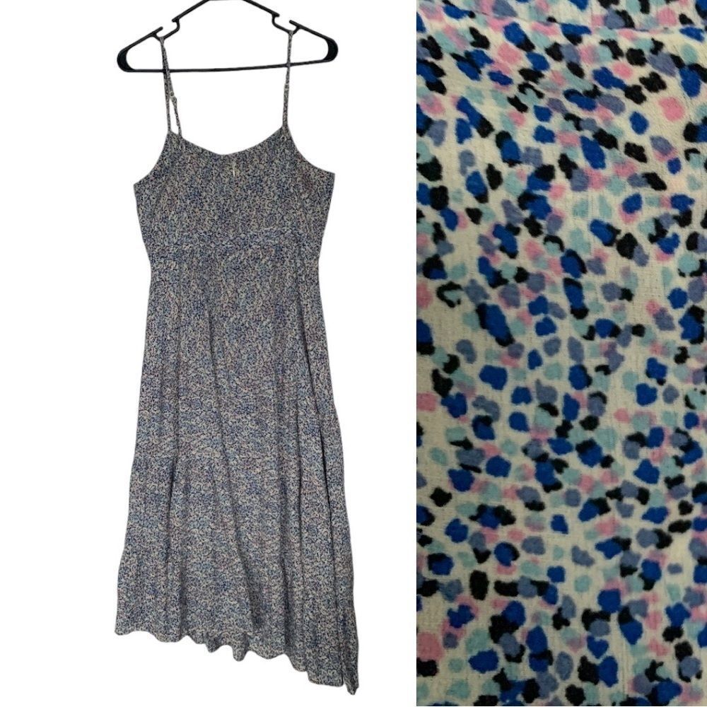 NWOT Chelsea 28 sleeveless strap blue pink floral asymmetrical ruffle midi dress
